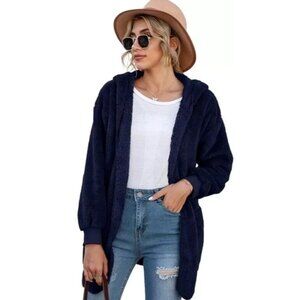 Fleece Hooded Open Front Jacket Navy Size M